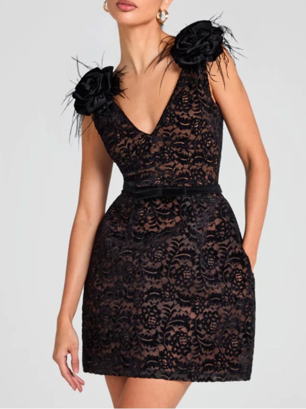 NADINE MERABI NWT Black Lace V-Neck Dress with Floral Shoulder Embellishments
